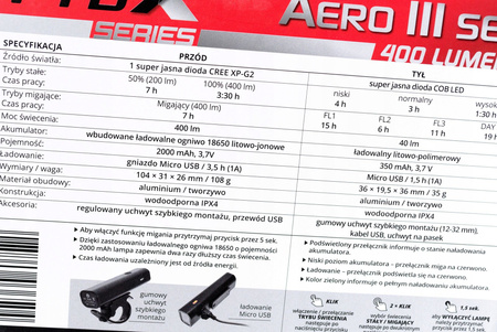 Zestaw Lampek PROX AERO Przód 400Lm + Tył 30Lm USB