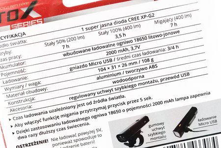 PROX AERO F III Lampka rowerowa przednia USB 400lm