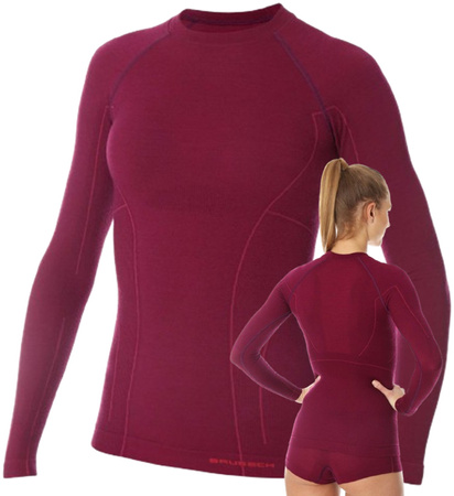WEŁNIANA DAMSKA BLUZA NARCIARSKA BRUBECK MERINO L BORDOWA