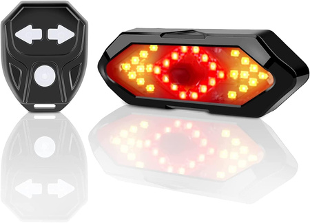 LAMPKA ROWEROWA Z KIERUNKOWSKAZEM TYLNA 5 TRYBÓW PILOT ZDALNY ŁADOWANA USB
