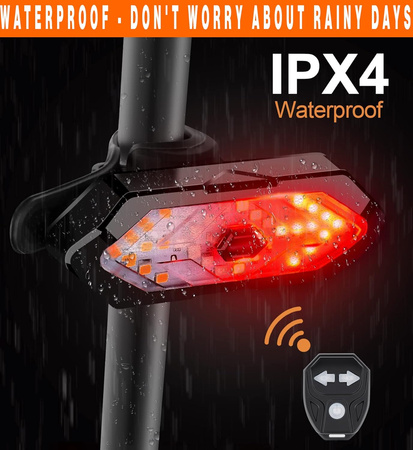 LAMPKA ROWEROWA Z KIERUNKOWSKAZEM TYLNA 5 TRYBÓW PILOT ZDALNY ŁADOWANA USB