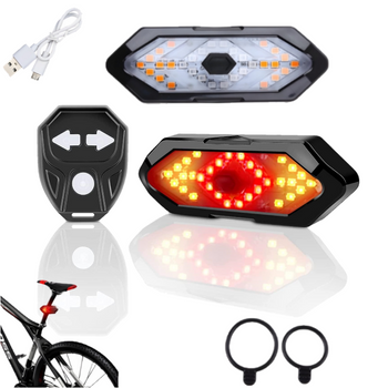 LAMPKA ROWEROWA Z KIERUNKOWSKAZEM TYLNA 5 TRYBÓW PILOT ZDALNY ŁADOWANA USB
